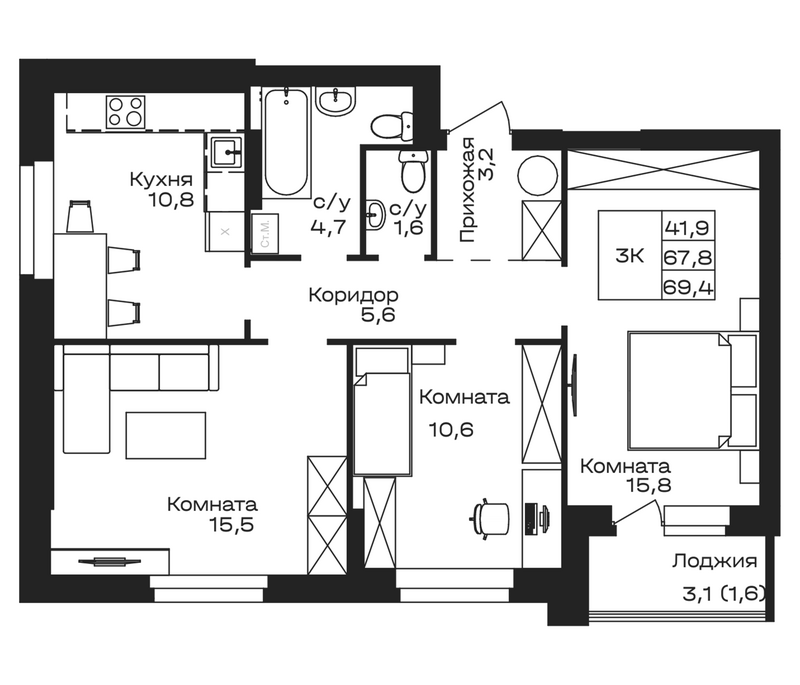 Планировка свободная планировка 69.40 м² в ЖК «Первогорье. Майма»