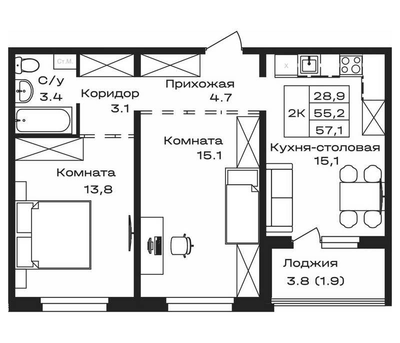 Планировка своб. план. 57.10 м² в ЖК «Первогорье. Майма»