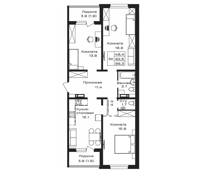 Планировка свободная планировка 86.30 м² в ЖК «Первогорье. Майма»