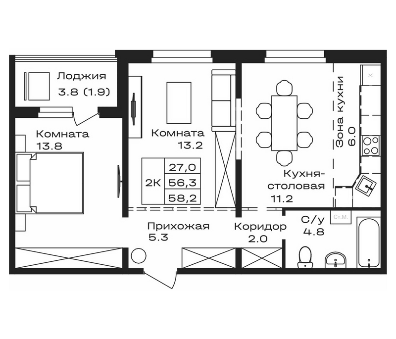 Планировка свободная планировка 58.20 м² в ЖК «Первогорье. Майма»