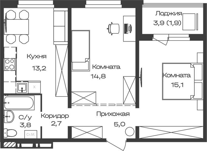 Планировка своб. план. 56.50 м² в ЖК «Первогорье. Майма»