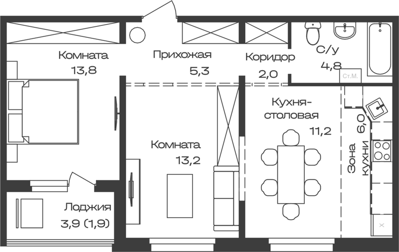 Планировка своб. план. 58.20 м² в ЖК «Первогорье. Майма»
