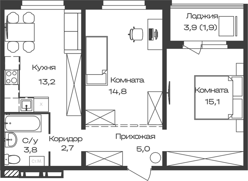 Планировка своб. план. 56.50 м² в ЖК «Первогорье. Майма»