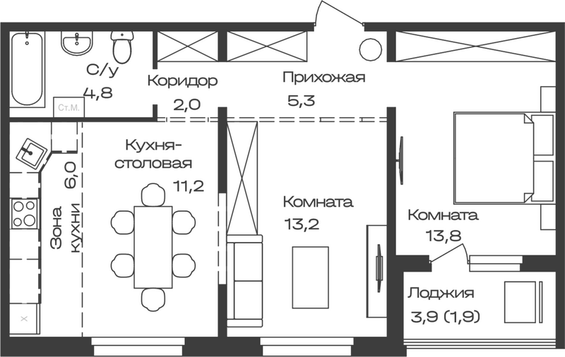 Планировка своб. план. 58.20 м² в ЖК «Первогорье. Майма»