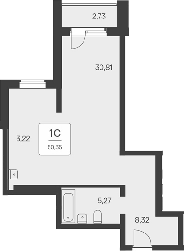 Планировка студии 47.62 м² в ЖК «Тайм Парк апартаменты»