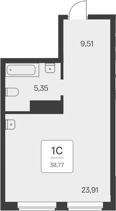 Планировка студия 38.77 м² в ЖК «Тайм Парк апартаменты»
