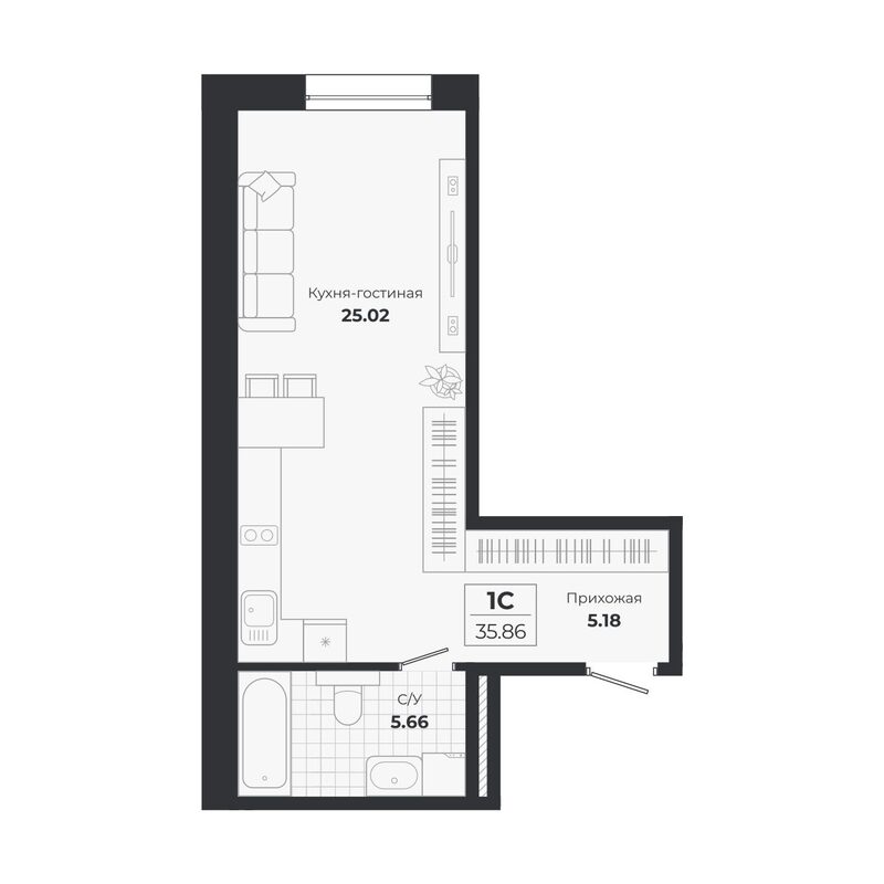 Планировка студии 35.86 м² в ЖК «Ясный Берег»