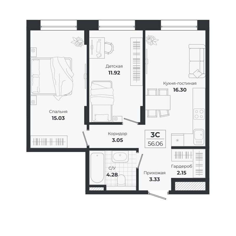 Планировка 3е-к.кв 56.06 м² в ЖК «Ясный Берег»