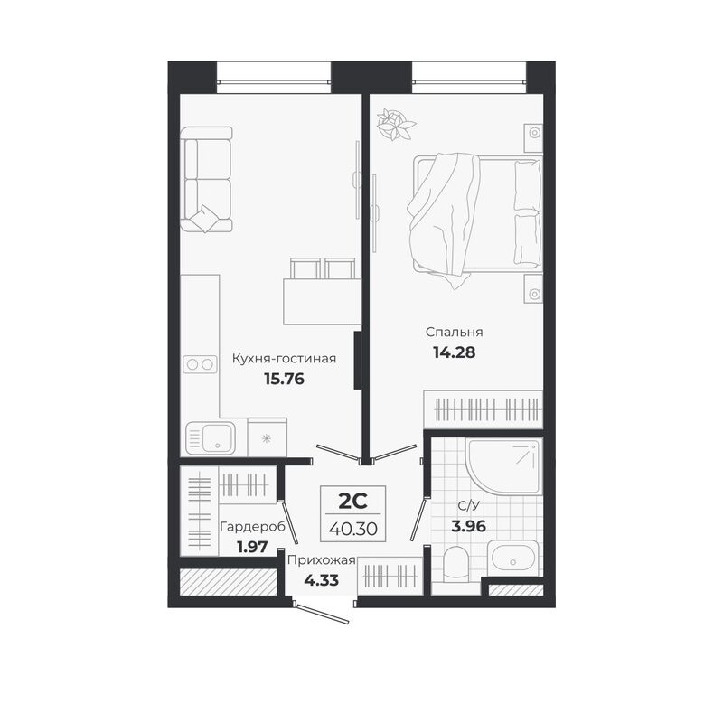 Планировка 2е-к. квартира 40.30 м² в ЖК «Ясный Берег»