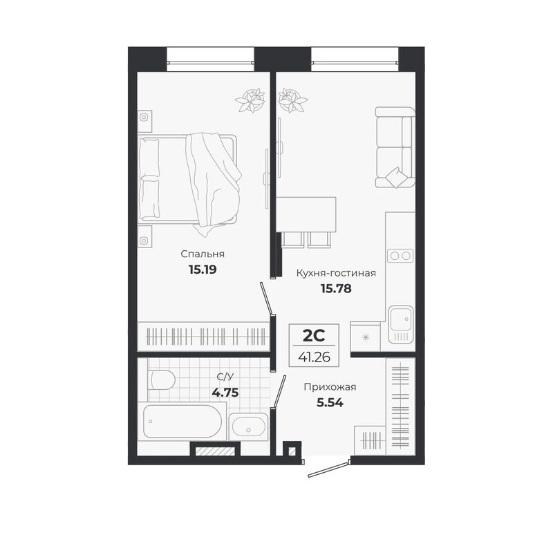 Планировка 2е-к. квартира 41.26 м² в ЖК «Ясный Берег»