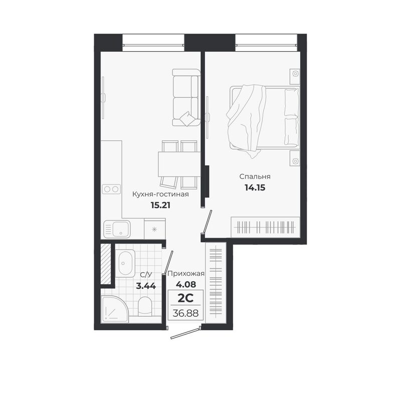 Планировка 2е-к. квартира 36.88 м² в ЖК «Ясный Берег»