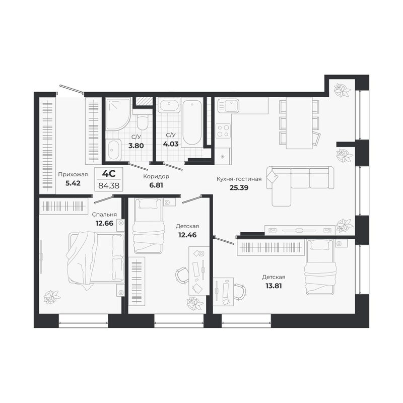 Планировка 4е-к. квартира 84.38 м² в ЖК «Ясный Берег»