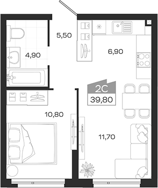 Планировка 2е-к.кв 39.80 м² в ЖК «Ясный Берег»