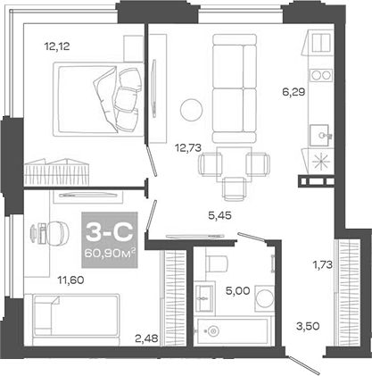 Планировка 3е-к.кв 60.90 м² в ЖК «Пульсар»