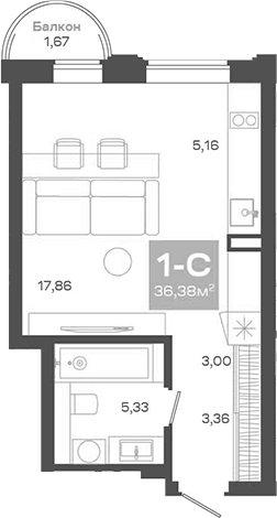 Планировка студии 34.71 м² в ЖК «Пульсар»