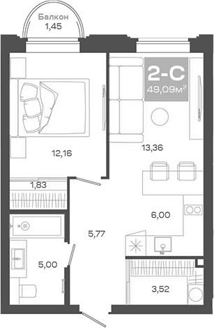 Планировка 2е-к.кв 47.64 м² в ЖК «Пульсар»