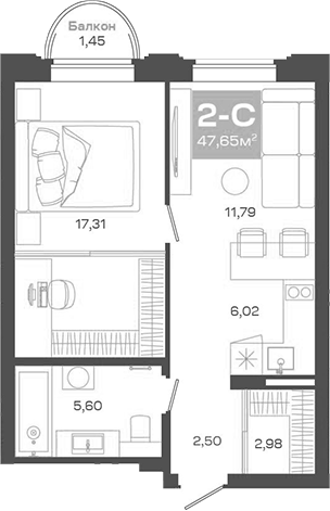 Планировка 2е-к.кв 46.20 м² в ЖК «Пульсар»