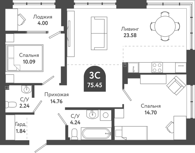Планировка 3е-к.кв 71.81 м² в ЖК «Тихомиров»