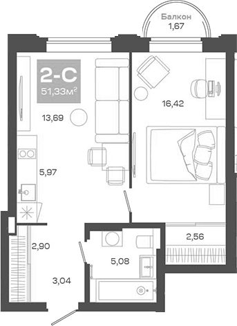 Планировка 2е-к.кв 49.66 м² в ЖК «Пульсар»