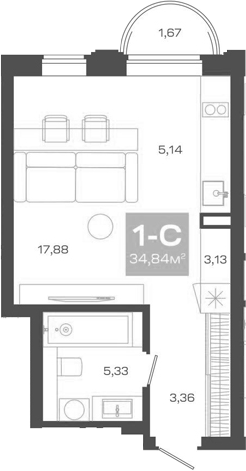 Планировка студии 34.84 м² в ЖК «Пульсар»
