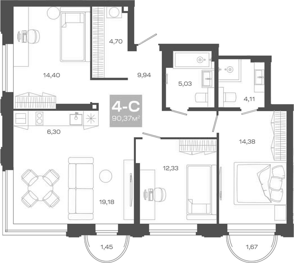 Планировка 4е-к.кв 90.37 м² в ЖК «Пульсар»