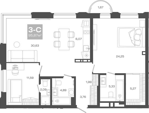 Планировка 3е-к.кв 95.87 м² в ЖК «Пульсар»