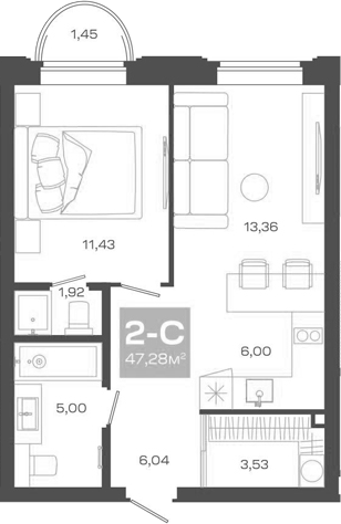 Планировка 2е-к.кв 47.28 м² в ЖК «Пульсар»
