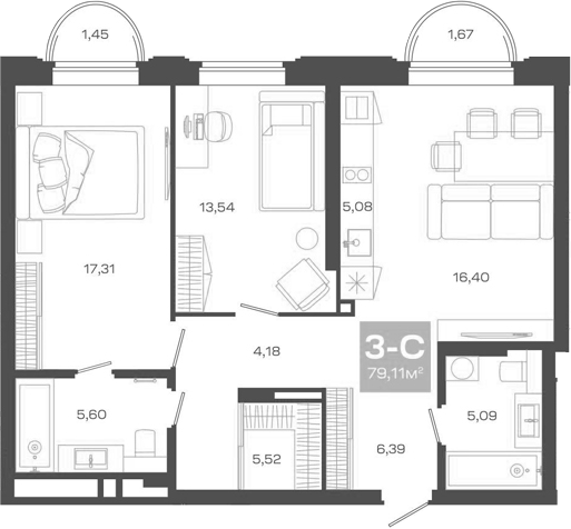 Планировка 3е-к.кв 79.11 м² в ЖК «Пульсар»