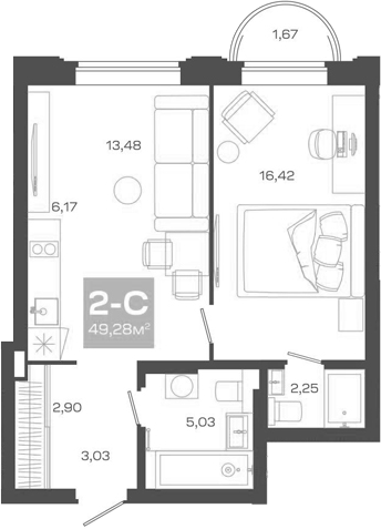 Планировка 2е-к.кв 49.28 м² в ЖК «Пульсар»