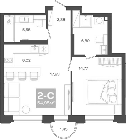 Планировка 2е-к.кв 54.95 м² в ЖК «Пульсар»