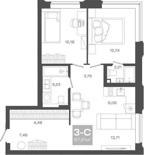 Планировка 3е-к.кв 67.91 м² в ЖК «Пульсар»