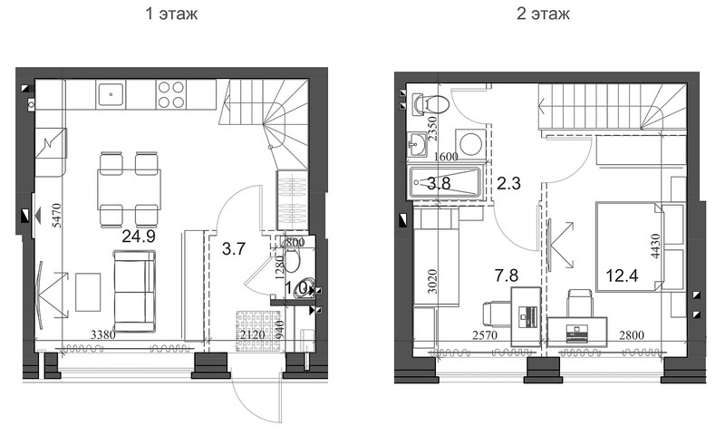 Планировка таунхаус 56.75 м² в ЖК «Коттеджный поселок Березки Элитный»