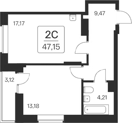 Планировка 2е-к.кв 44.03 м² в ЖК «Квартал на Игарской»