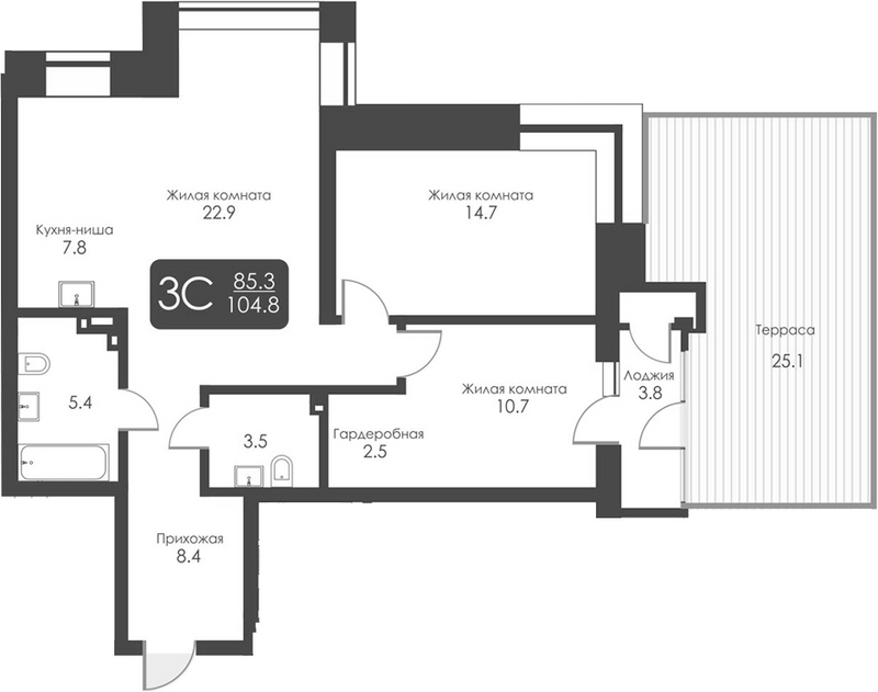 Планировка 3-к.кв 75.90 м² в ЖК «Сити Тауэрс»