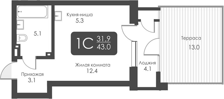 Планировка студии 25.90 м² в ЖК «Сити Тауэрс»