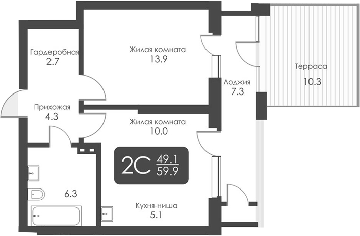Планировка 2-к.кв 42.30 м² в ЖК «Сити Тауэрс»