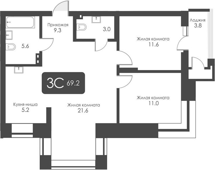 Планировка 3-к. квартира 67.30 м² в ЖК «Сити Тауэрс»