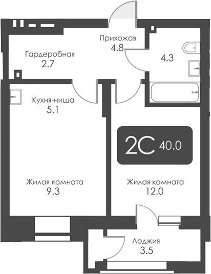 Планировка 2-к.кв 38.20 м² в ЖК «Сити Тауэрс»