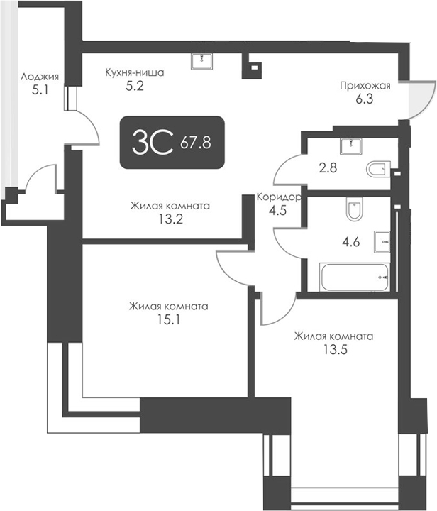 Планировка 3-к.кв 65.20 м² в ЖК «Сити Тауэрс»