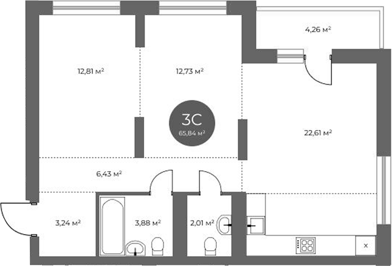 Планировка 3е-к.кв 63.71 м² в ЖК «Квартал на Российской»