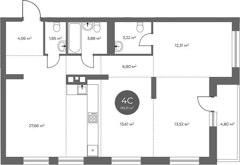 Планировка 4е-к.кв 86.91 м² в ЖК «Квартал на Российской»