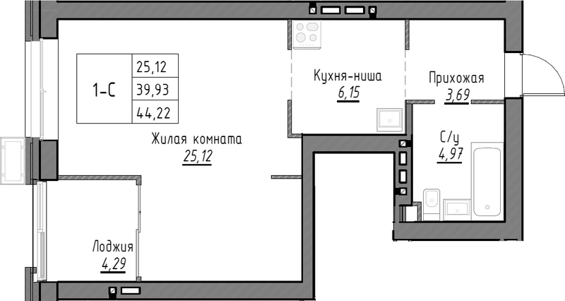 Планировка студии 39.93 м² в ЖК «Тесла парк»