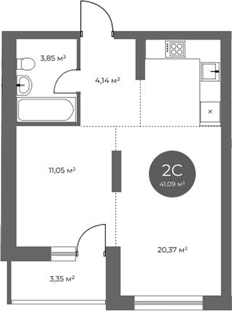 Планировка 2е-к.кв 39.41 м² в ЖК «Квартал на Российской»