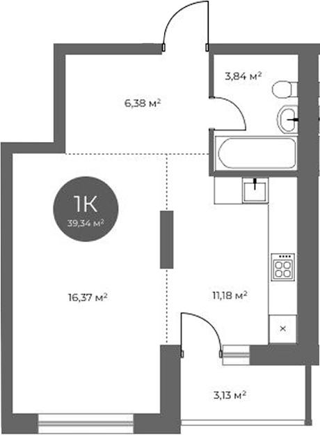 Планировка 1-к.кв 37.77 м² в ЖК «Квартал на Российской»