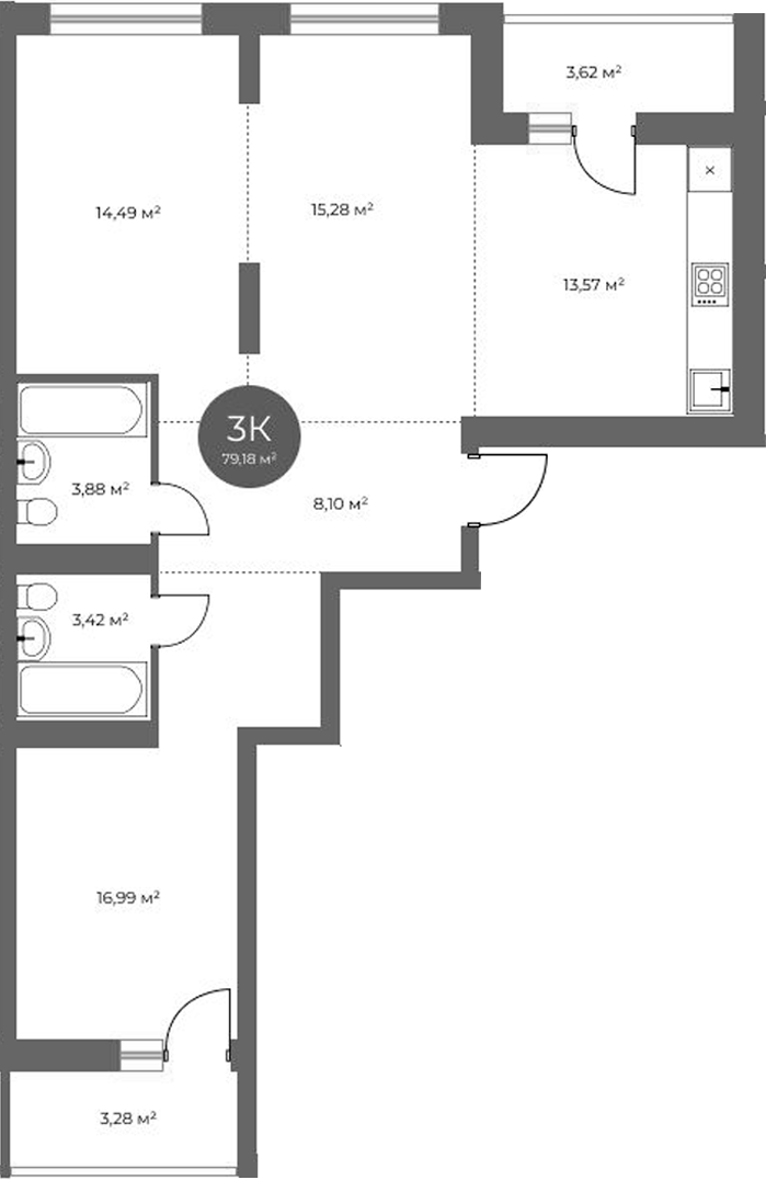 Планировка 3-к.кв 75.73 м² в ЖК «Квартал на Российской»