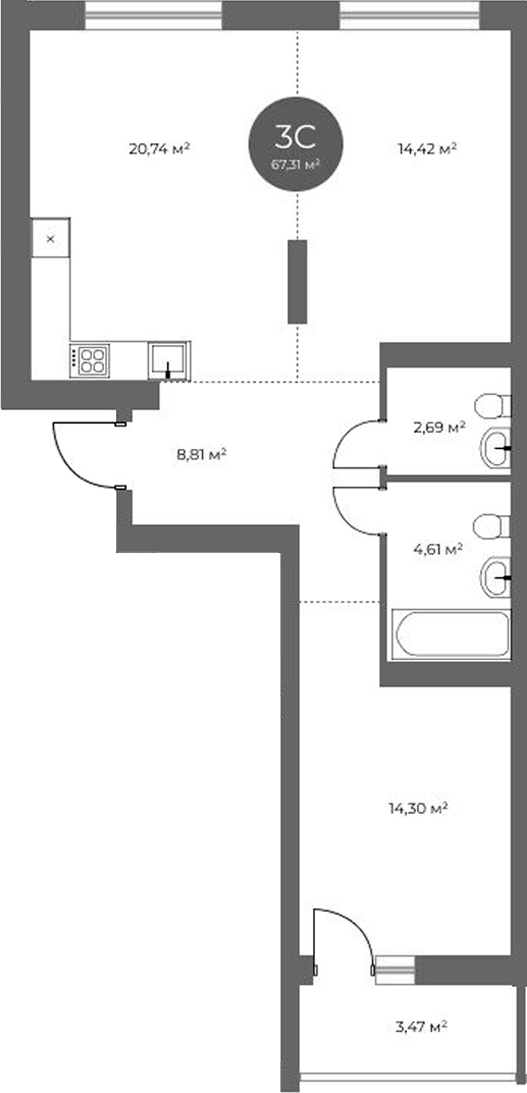 Планировка 3е-к.кв 65.57 м² в ЖК «Квартал на Российской»