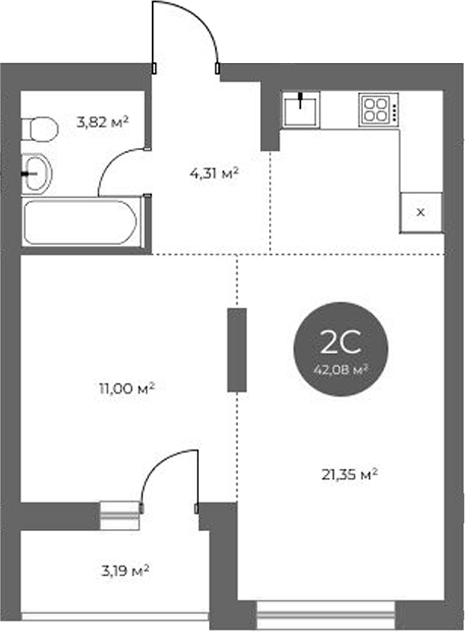 Планировка 2е-к.кв 40.48 м² в ЖК «Квартал на Российской»