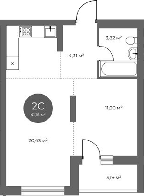 Планировка 2е-к.кв 39.56 м² в ЖК «Квартал на Российской»