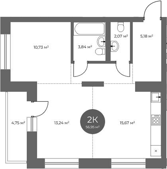 Планировка 2-к.кв 54.57 м² в ЖК «Квартал на Российской»