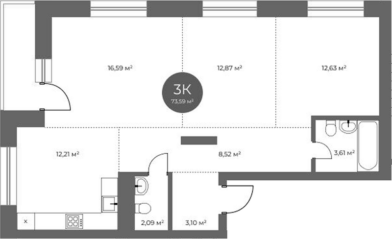 Планировка 3-к.кв 71.62 м² в ЖК «Квартал на Российской»